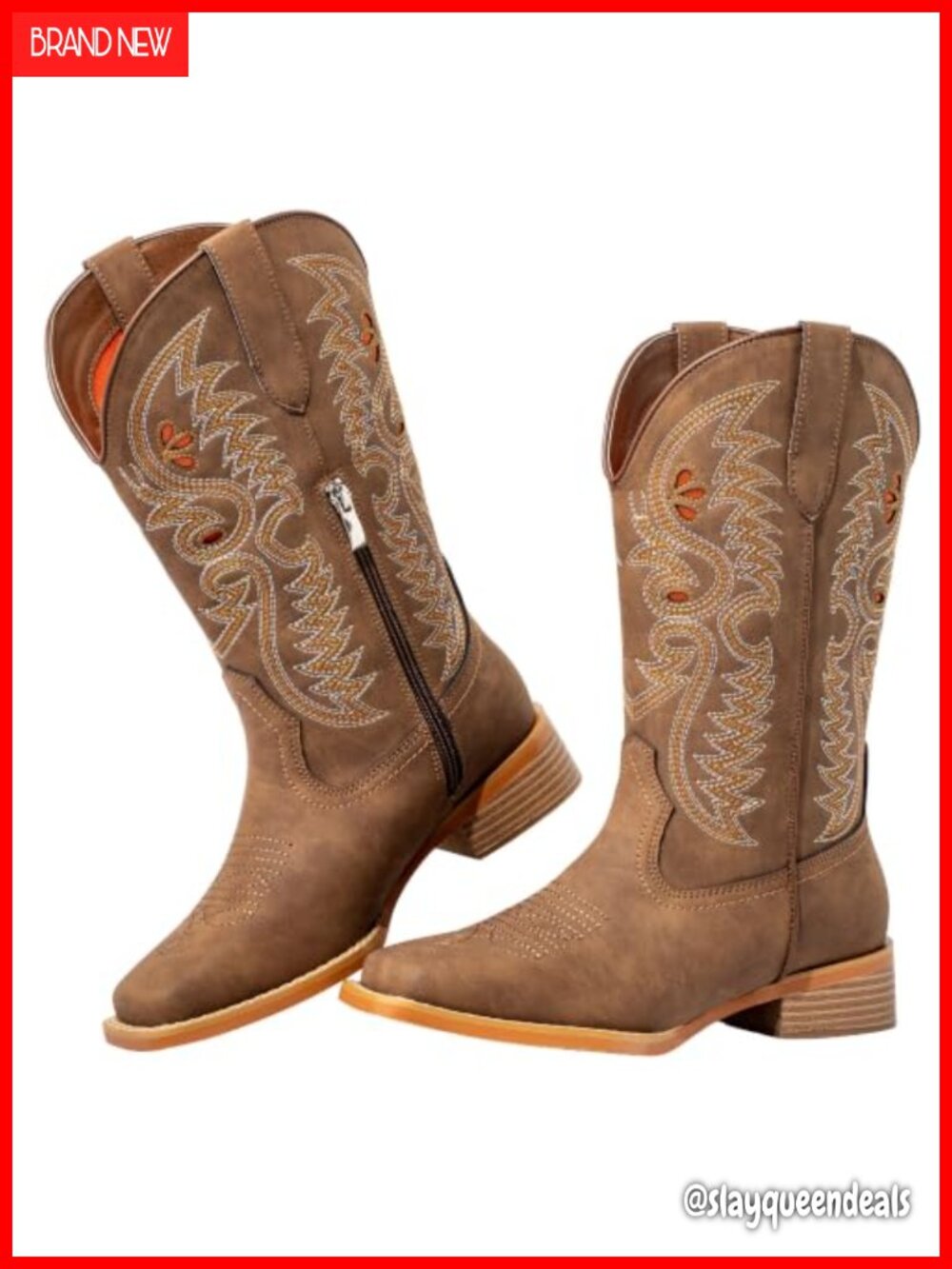 Wide Calf Cowboy Boots Square Toe Block Heel Faux Leather